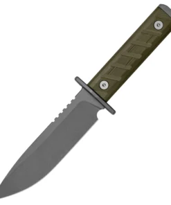 A survival bugout knife with a green handle and a light grey blade.