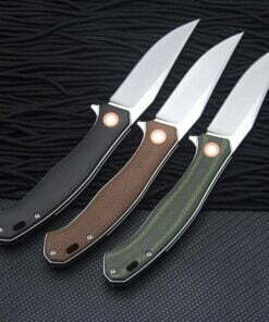 Three folding bushcraft knives with different color handles and blades opened.