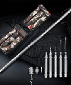 A tactical walking stick next to its carry bags, with its individual parts and survival tools displayed below.